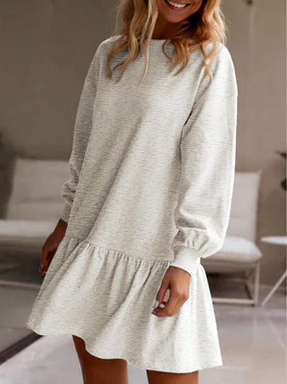vlovelaw Solid Crew Neck Dress, Casual Ruffle Hem Long Sleeve Dress, Women's Clothing