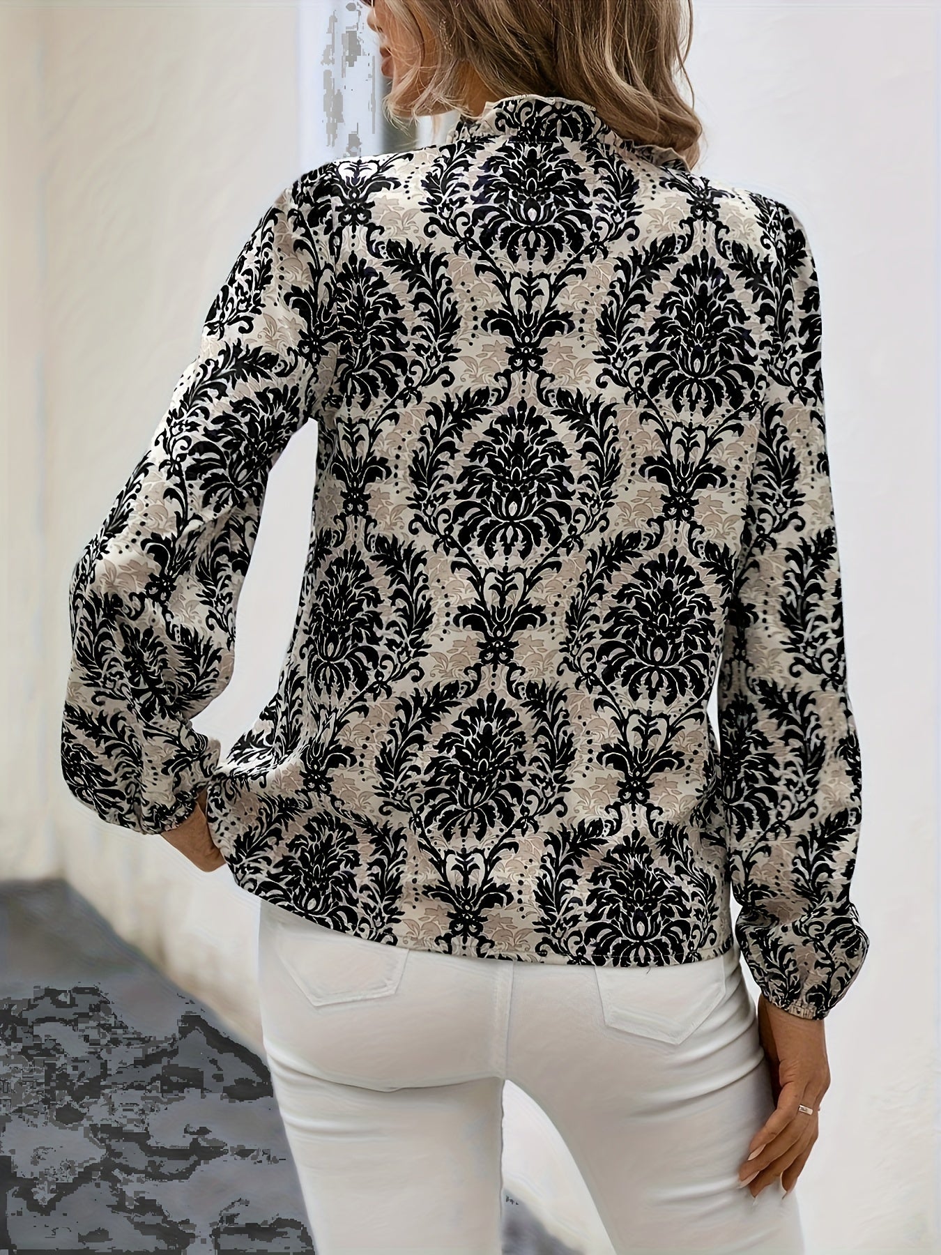 Ethnic Floral Print Blouse, Boho V Neck Long Sleeve Blouse, Women's Clothing