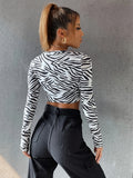 vlovelaw  Zebra Print Crew Neck Crop Top, Casual Long Sleeve Slim T-shirt For Spring & Fall, Women's Clothing