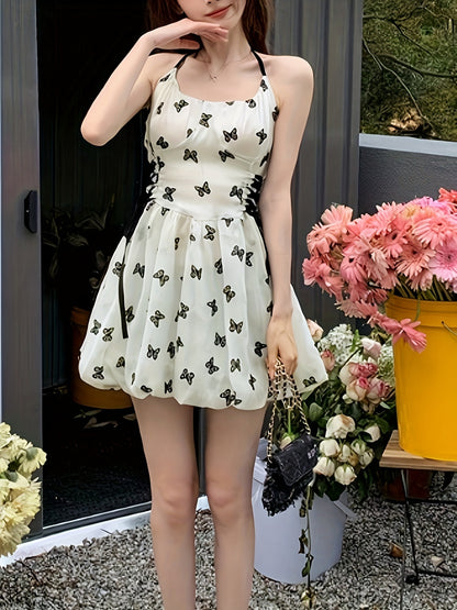 vlovelaw  Butterfly Pattern Tie Side Halter Dress, Casual Sleeveless Backless Waist Dress, Women's Clothing