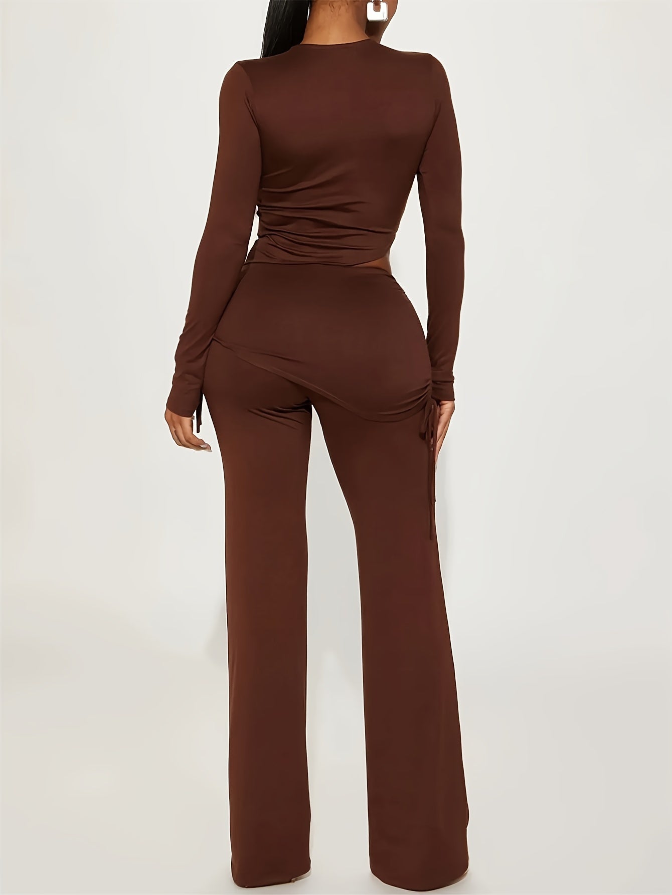 vlovelaw  Casual Solid Two-piece Set, Long Sleeve Asymmetrical Top & Straight Leg Pants Outfits, Women's Clothing