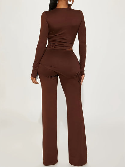 vlovelaw  Casual Solid Two-piece Set, Long Sleeve Asymmetrical Top & Straight Leg Pants Outfits, Women's Clothing