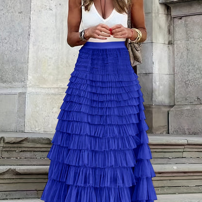 vlovelaw  Mesh Layered Hem Skirt, Boho High Waist Skirt, Women's Clothing
