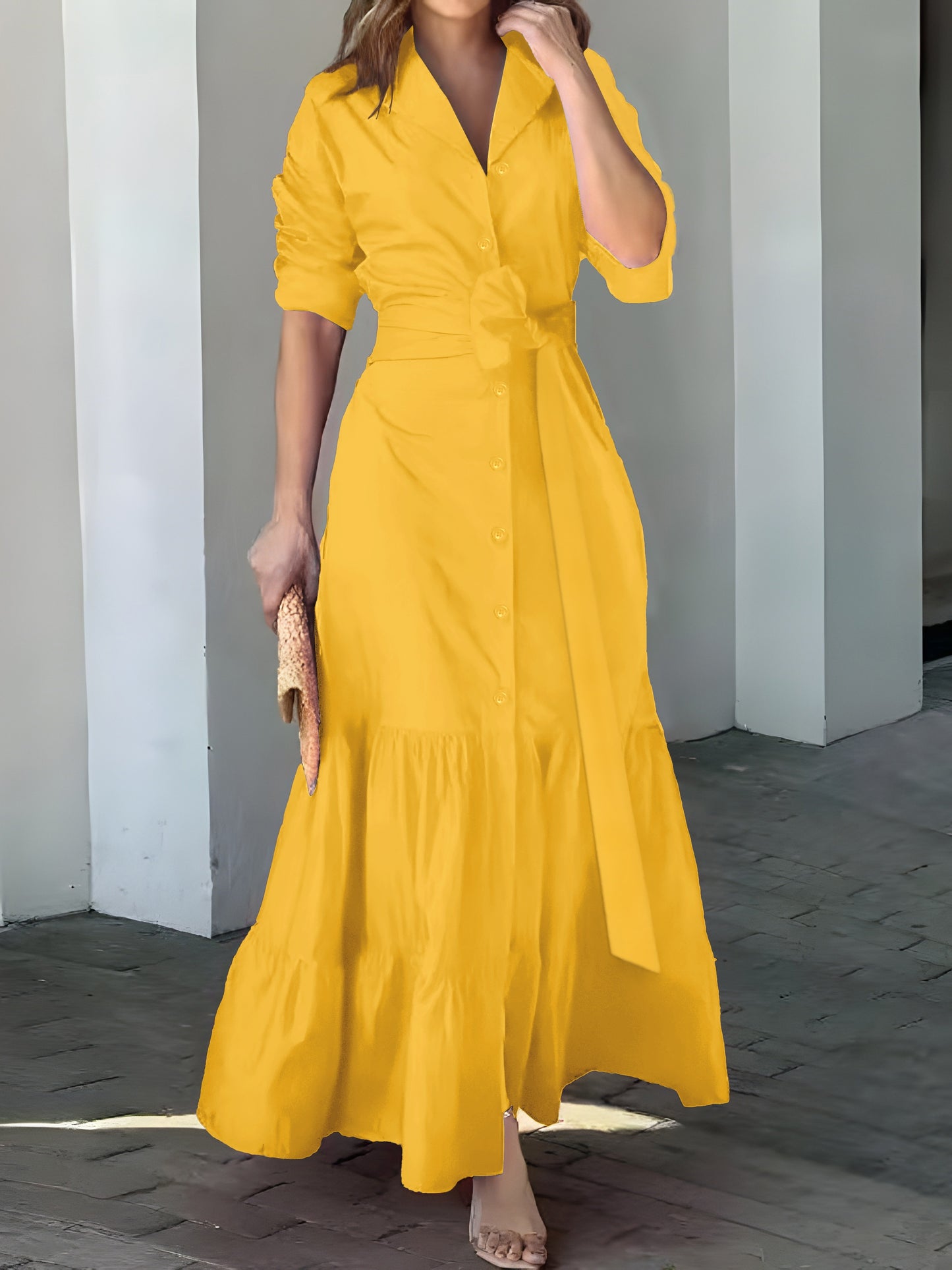 vlovelaw Solid Button Front Belted Dress, Elegant Ruched Sleeve Ruffle Trim Maxi Dress, Women's Clothing