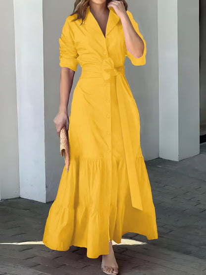 vlovelaw Solid Button Front Belted Dress, Elegant Ruched Sleeve Ruffle Trim Maxi Dress, Women's Clothing