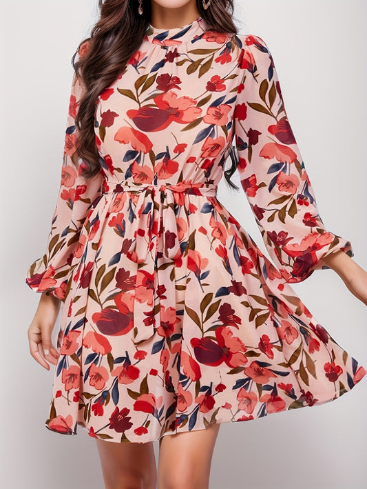 vlovelaw Floral Print Lantern Sleeve Dress, Casual Mock Neck Tied Waist Dress, Women's Clothing