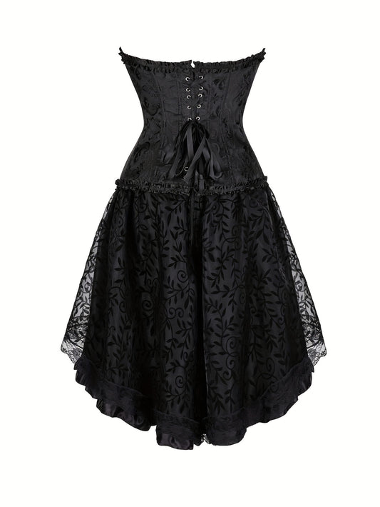 1pc Sexy Tunic Waist Vest Girdle European And American Court Bodysuit With Black Mesh Dance Skirt Prom Bodysuit With Skirt