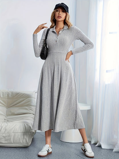 vlovelaw  Solid Textured Button Front Dress, Elegant Long Sleeve Dress For Spring & Fall, Women's Clothing
