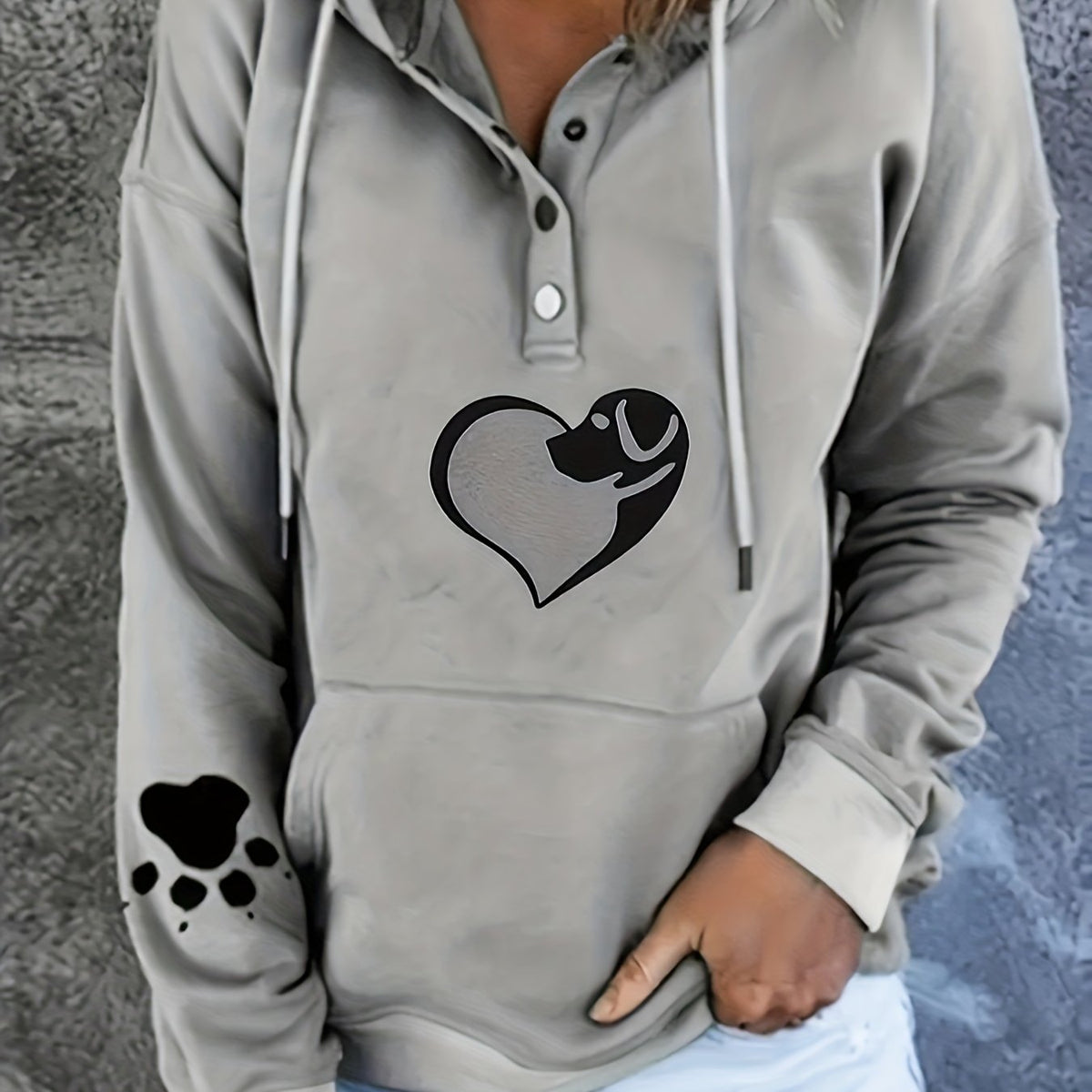 vlovelaw  Plus Size Casual Sweatshirt, Women's Plus Dog Heart Print Long Sleeve Hooded Drawstring Sweatshirt With Kangaroo Pocket