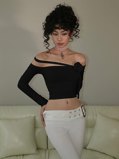 vlovelaw  Solid Off Shoulder Stereo Flower T-shirt, Y2K Long Sleeve Asymmetric Sexy Top, Women's Clothing