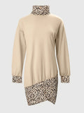 vlovelaw Leopard Print Contrast Trim Dress, Casual High Neck Long Sleeve Dress, Women's Clothing