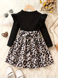 vlovelaw  Girl's Leopard Print Stitching Rib Knit Comfort Fit Long Sleeve Dress For Party Going Out, Kid's Dresses Gift Idea