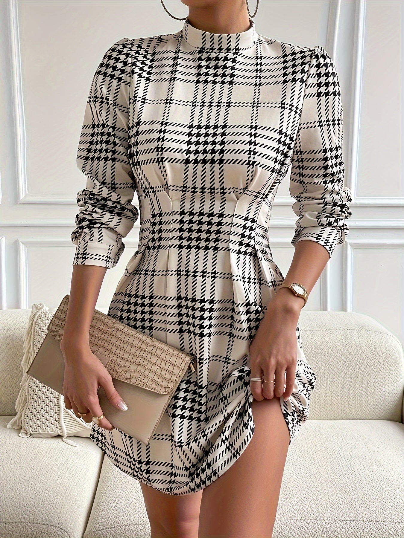 vlovelaw Plaid Pattern Mock Neck Dress, Elegant Long Sleeve Dress For Spring & Fall, Women's Clothing