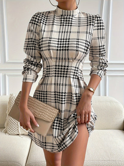 vlovelaw Plaid Pattern Mock Neck Dress, Elegant Long Sleeve Dress For Spring & Fall, Women's Clothing