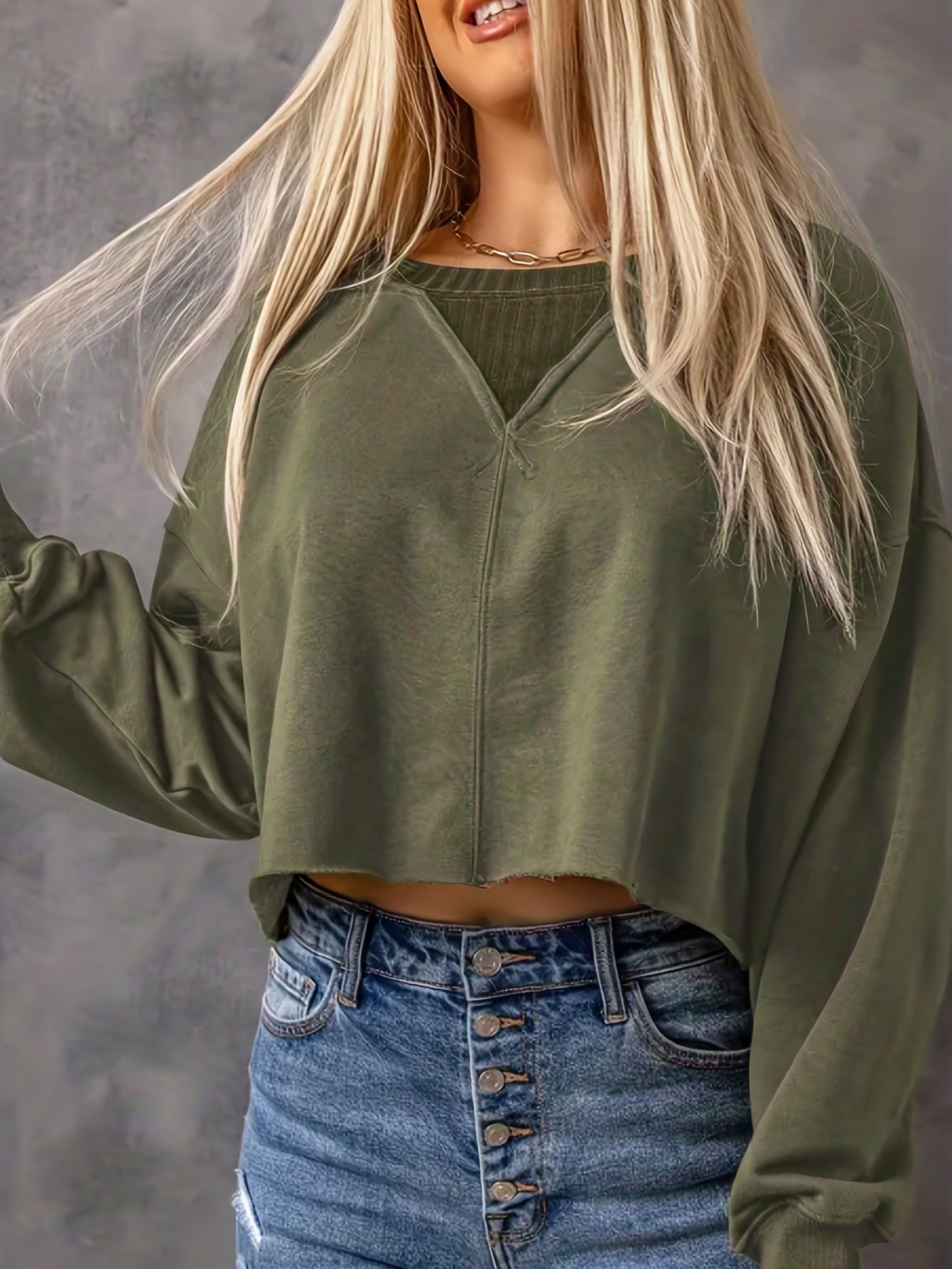 vlovelaw  Color Block Crew Neck Sweatshirt, Casual Long Sleeve Drop Shoulder Crop Sweatshirt, Women's Clothing