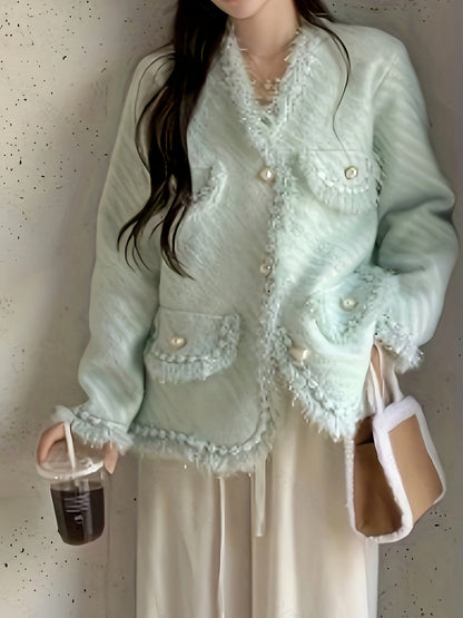 vlovelaw Solid Button Front Tassel Cardigan, Elegant Long Sleeve Drop Shoulder Outwear, Women's Clothing