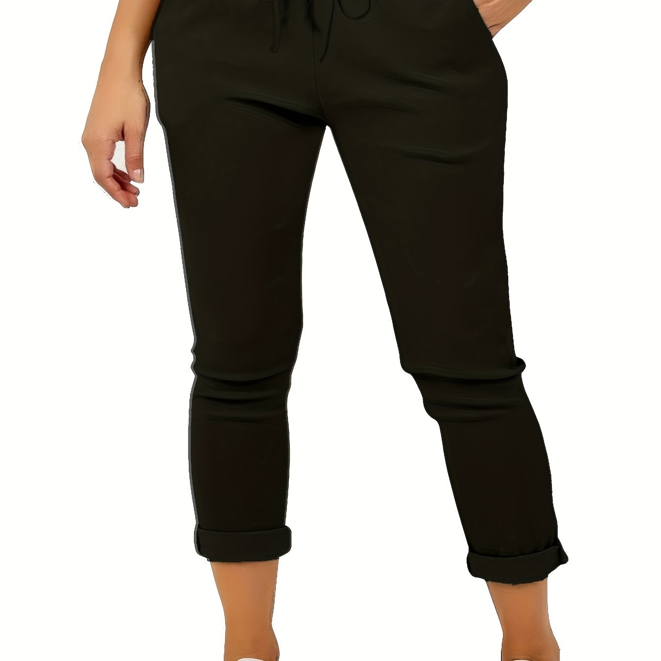 vlovelaw  Plus Size Casual Pants, Women's Plus Solid Drawstring Roll Up Hem Slight Stretch Pants