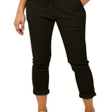 vlovelaw  Plus Size Casual Pants, Women's Plus Solid Drawstring Roll Up Hem Slight Stretch Pants