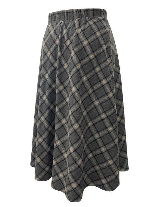 vlovelaw  Plus Size Elegant Skirt, Women's Plus Plaid Print Elastic Woolen A-line All-match Skirt