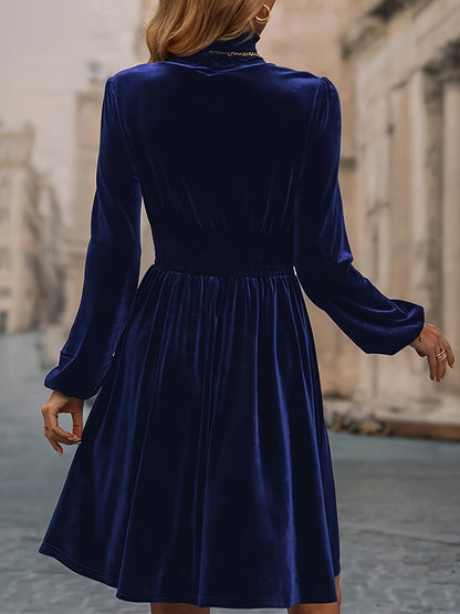 Solid Shirred Knee Length Dress, Elegant Long Sleeve Mock Neck Dress, Women's Clothing