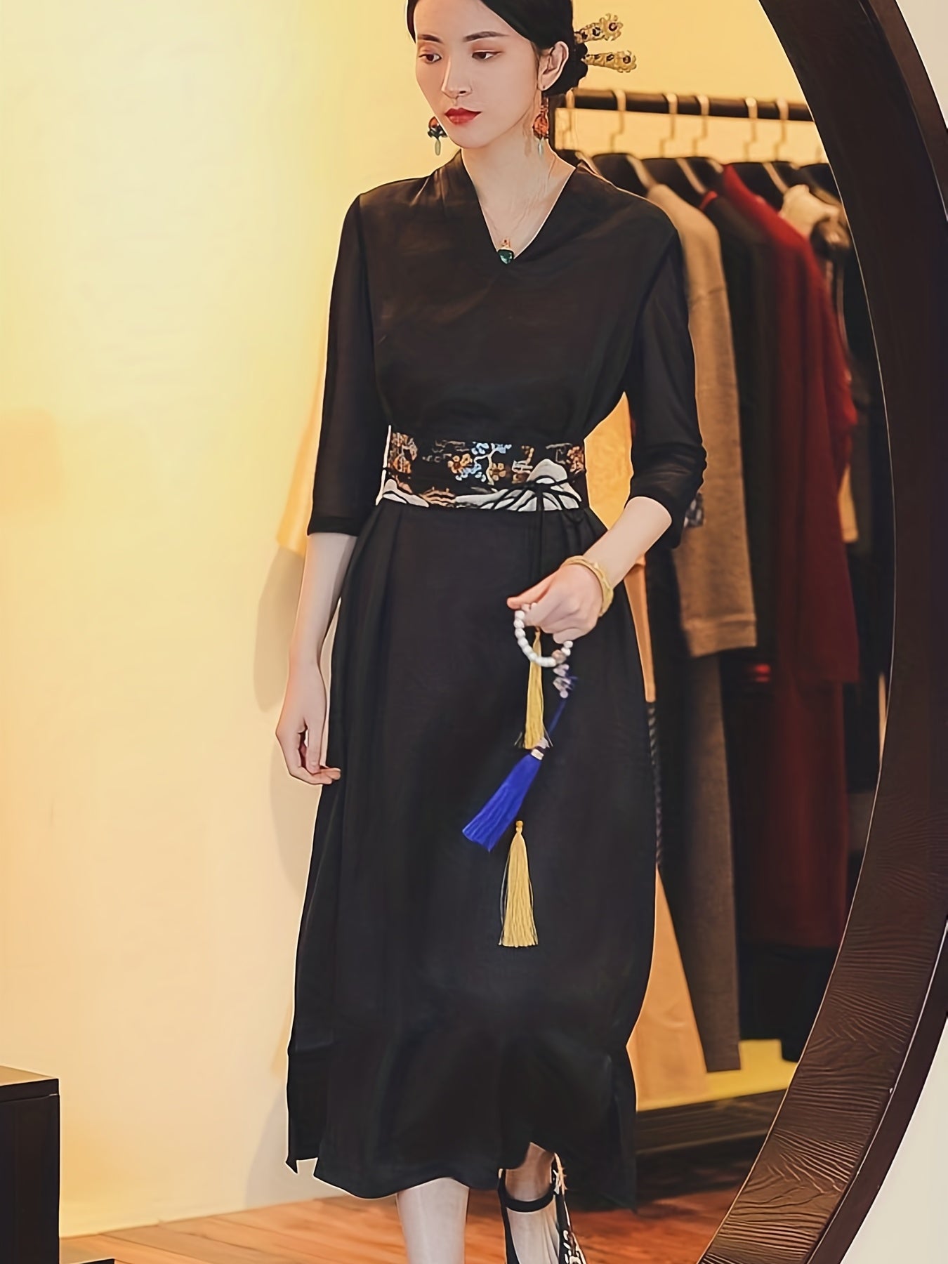 Chinese Style 3/4 Sleeve Dress, Vintage V Neck Slim Midi Dress, Women's Clothing