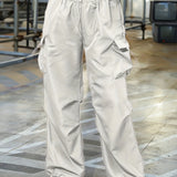 vlovelaw Plus Size Casual Pants, Women's Plus Solid Elastic Drawstring High Rise Loose Parachute Cargo Pants With Pockets