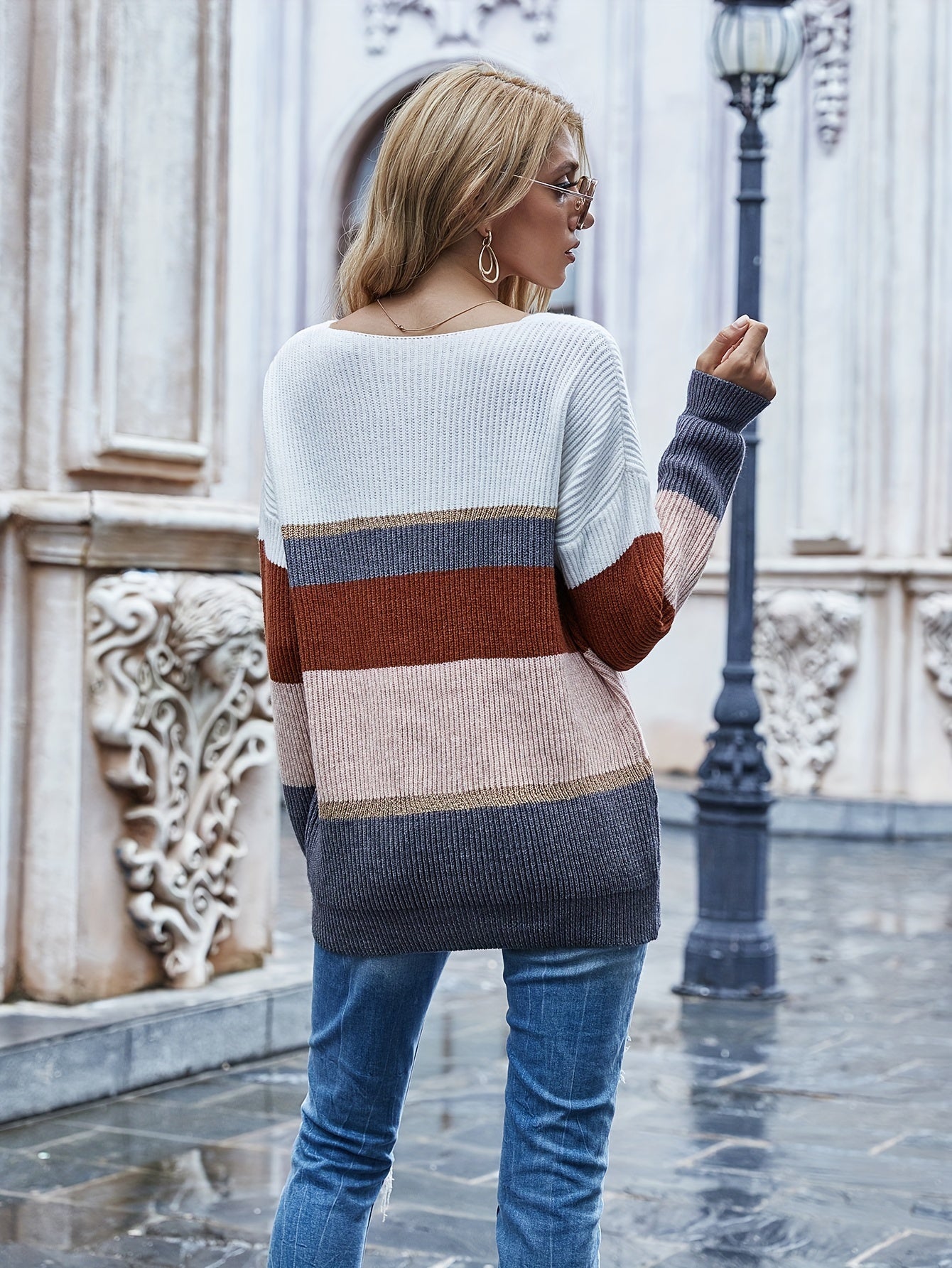 vlovelaw  Color Block V Neck Pullover Sweater, Elegant Long Sleeve Drop Shoulder Sweater, Women's Clothing