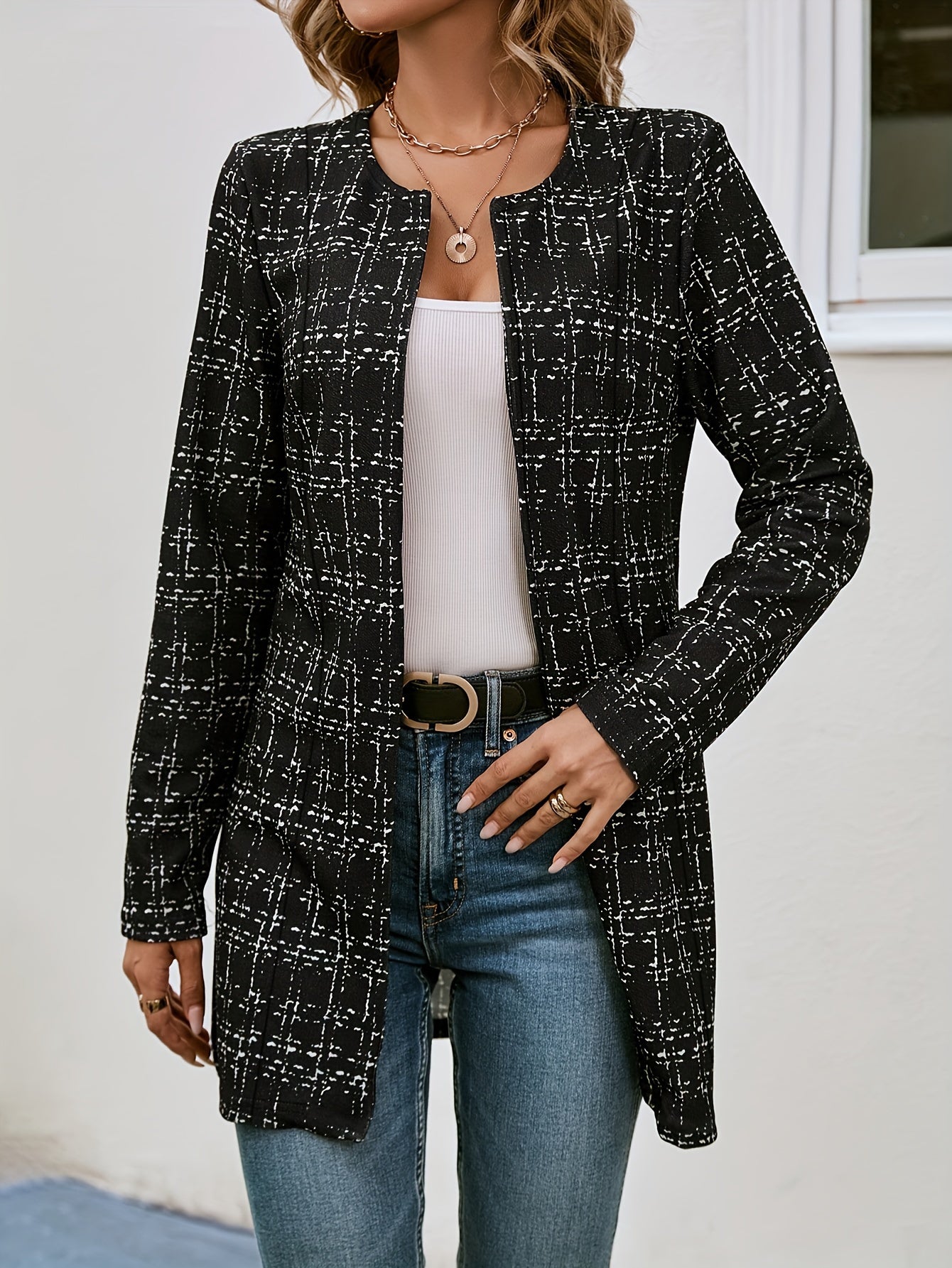 vlovelaw  Plaid Pattern Open Front Jacket, Versatile Long Sleeve Outwear For Spring & Fall, Women's Clothing