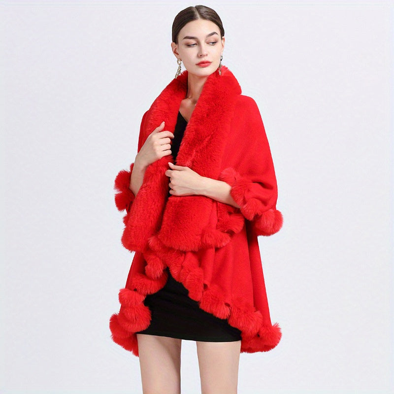 Mature Faux Fur Collar Shawl Solid Color Thickened Imitation Fox Fur Warm Large Cape Cardigan Women's Autumn Winter Outside Warm Coat Shawl