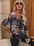 Floral Print Asymmetrical Blouse, Elegant Crew Neck Summer Blouse, Women's Clothing