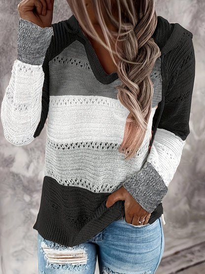 Color Block Hooded Knit Sweater, Vacation Drawstring Long Sleeve Sweater, Women's Clothing