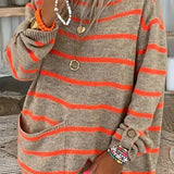 vlovelaw Stripe Pattern Pocket Knitted Sweater, Casual Long Sleeve Sweater For Fall & Winter, Women's Clothing