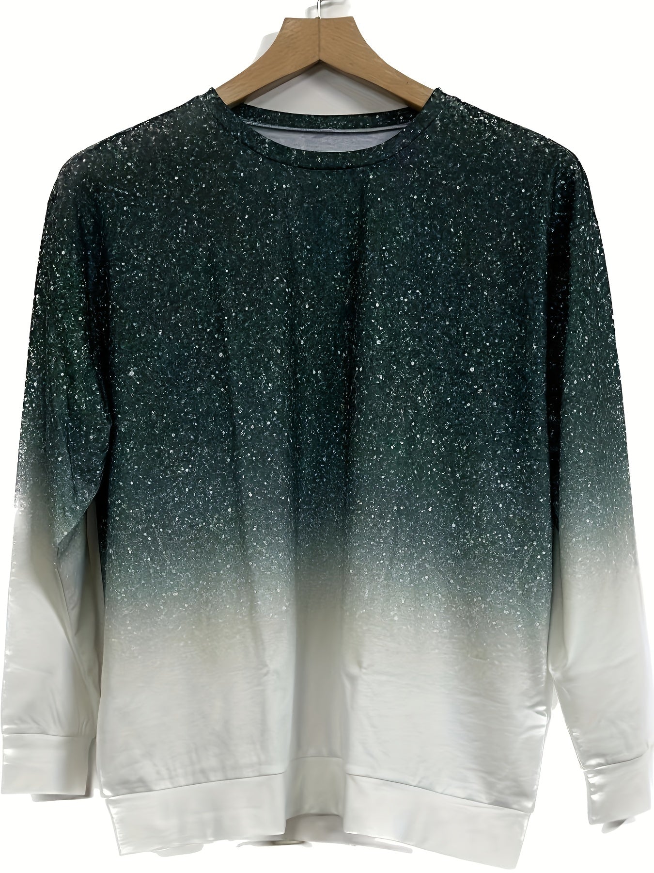 vlovelaw  Plus Size Casual Sweatshirt, Women's Plus Glitter Ombre Print Long Sleeve Round Neck Medium Stretch Pullover Top