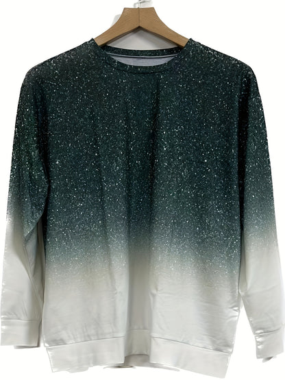vlovelaw  Plus Size Casual Sweatshirt, Women's Plus Glitter Ombre Print Long Sleeve Round Neck Medium Stretch Pullover Top