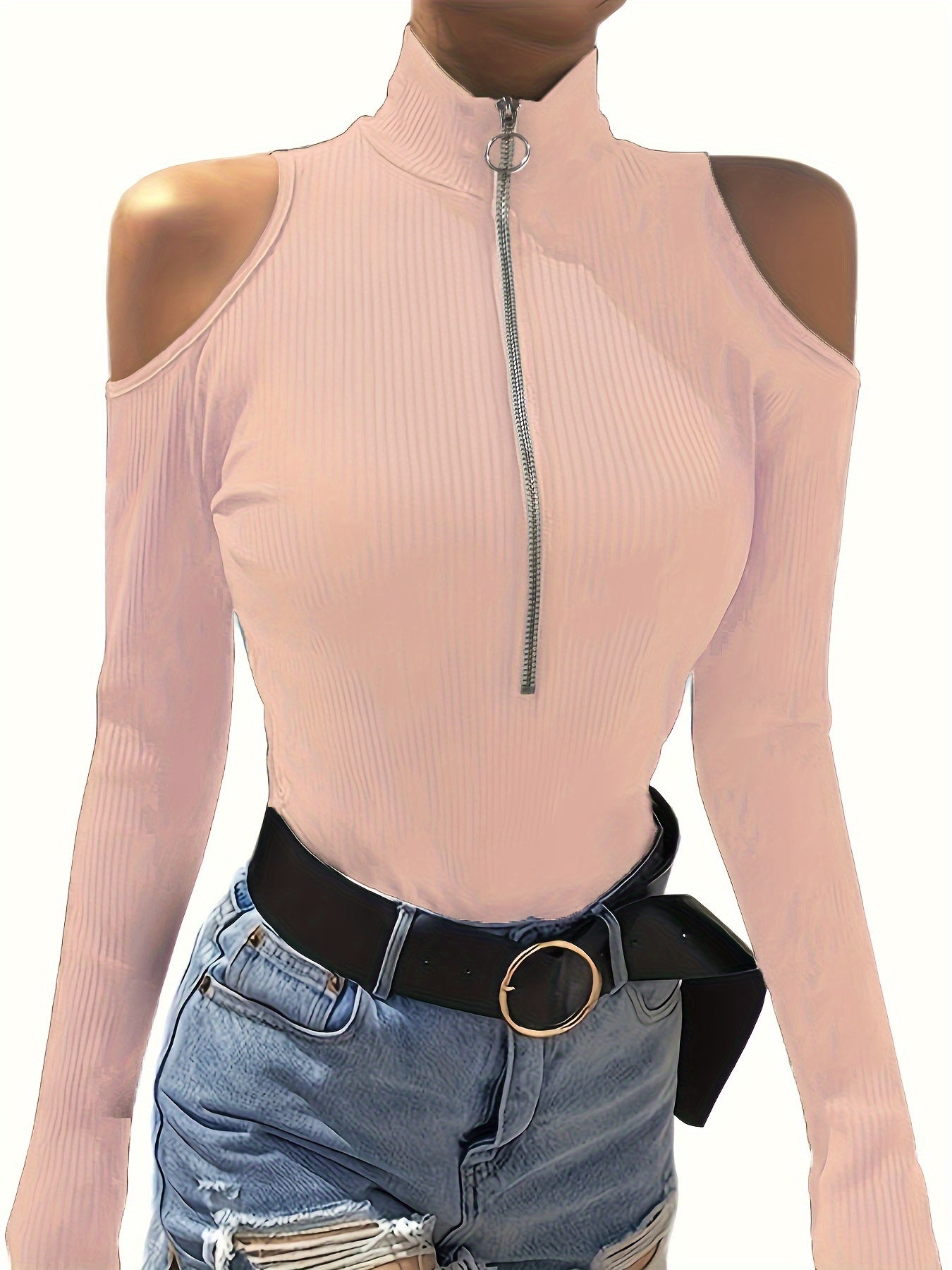 vlovelaw  Ribbed Zip Front Mock Neck T-Shirt, Casual Cold Shoulder Long Sleeve Top For Spring & Fall, Women's Clothing