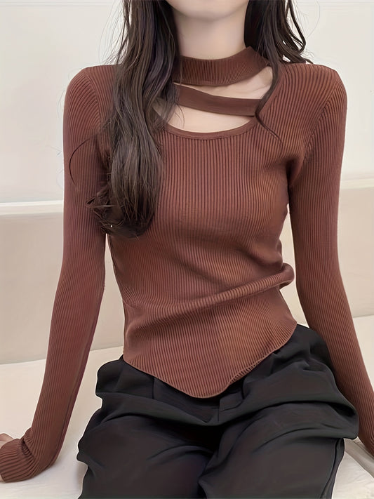 vlovelaw  Cut Out Hanky Hem Sweater, Versatile Long Sleeve Slim Solid Sweater, Women's Clothing