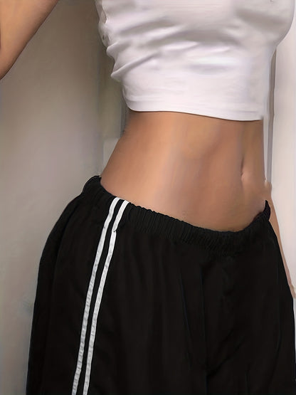 Contrast Side Wide Leg Pants, Baddie Clothes Drawstring Pants For Spring & Summer, Women's Clothing