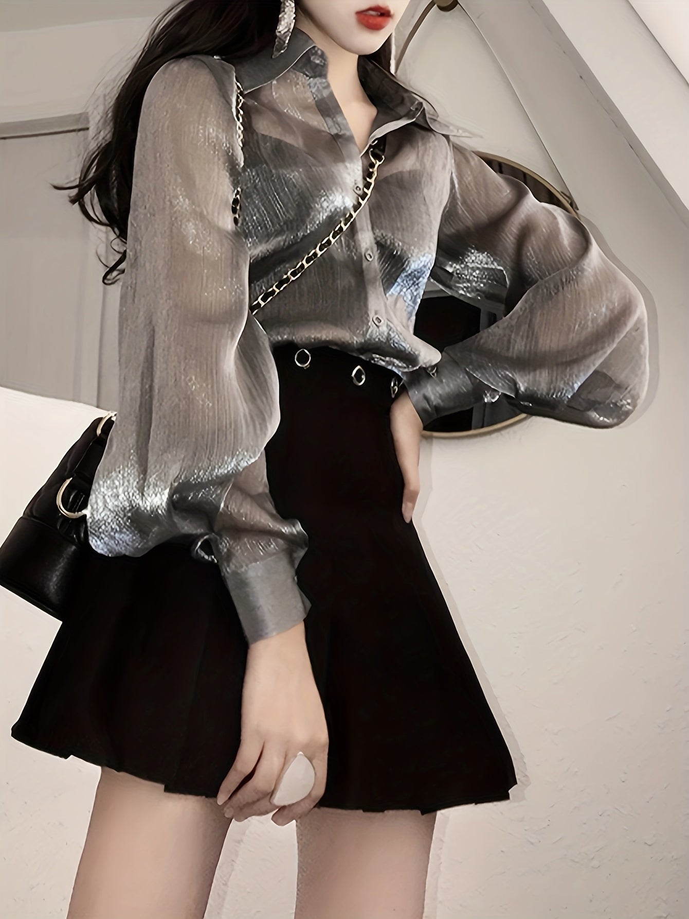 Solid Shiny Button Front Blouse, Versatile Lantern Sleeve Blouse For Spring & Fall, Women's Clothing