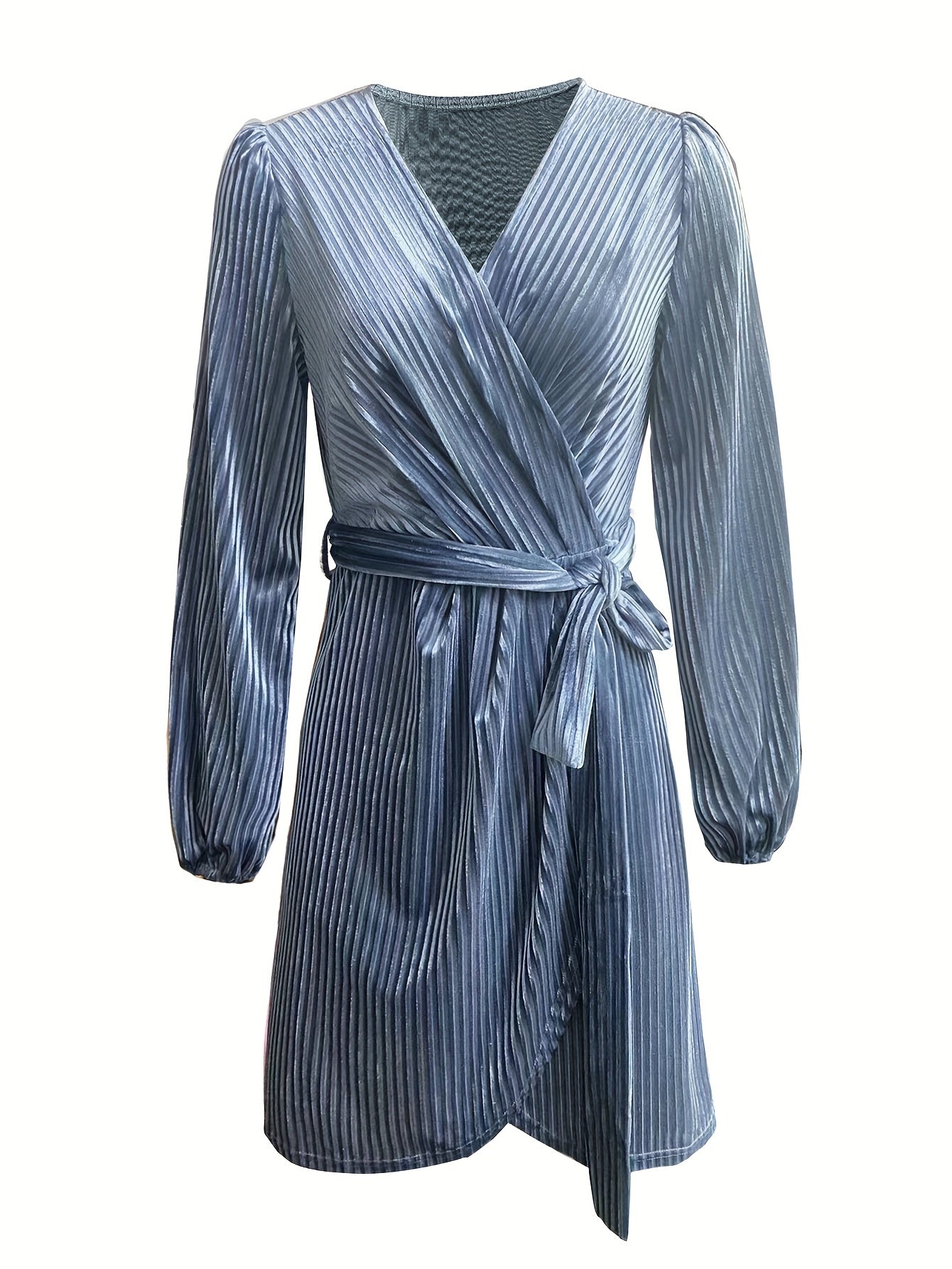 vlovelaw  Solid Ribbed Surplice Neck Dress, Elegant Long Sleeve Belted Dress, Women's Clothing