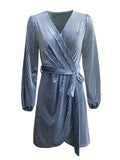 vlovelaw  Solid Ribbed Surplice Neck Dress, Elegant Long Sleeve Belted Dress, Women's Clothing