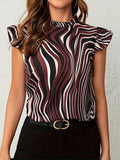 Casual Allover Print Ruffle Trim Blouse, Mock Neck Short Sleeve Blouse For Spring & Summer, Women's Clothing
