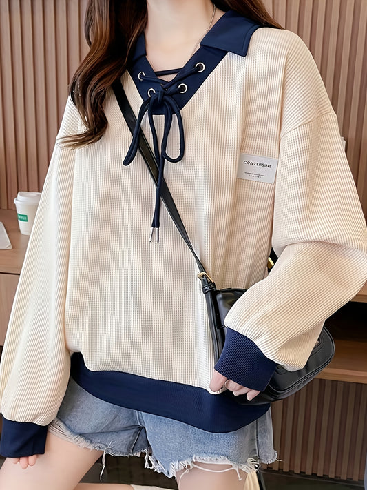 vlovelaw  Color Block Lapel Pullover Sweatshirt, Casual Long Sleeve Crisscross Drawstring Sweatshirt For Fall & Winter, Women's Clothing