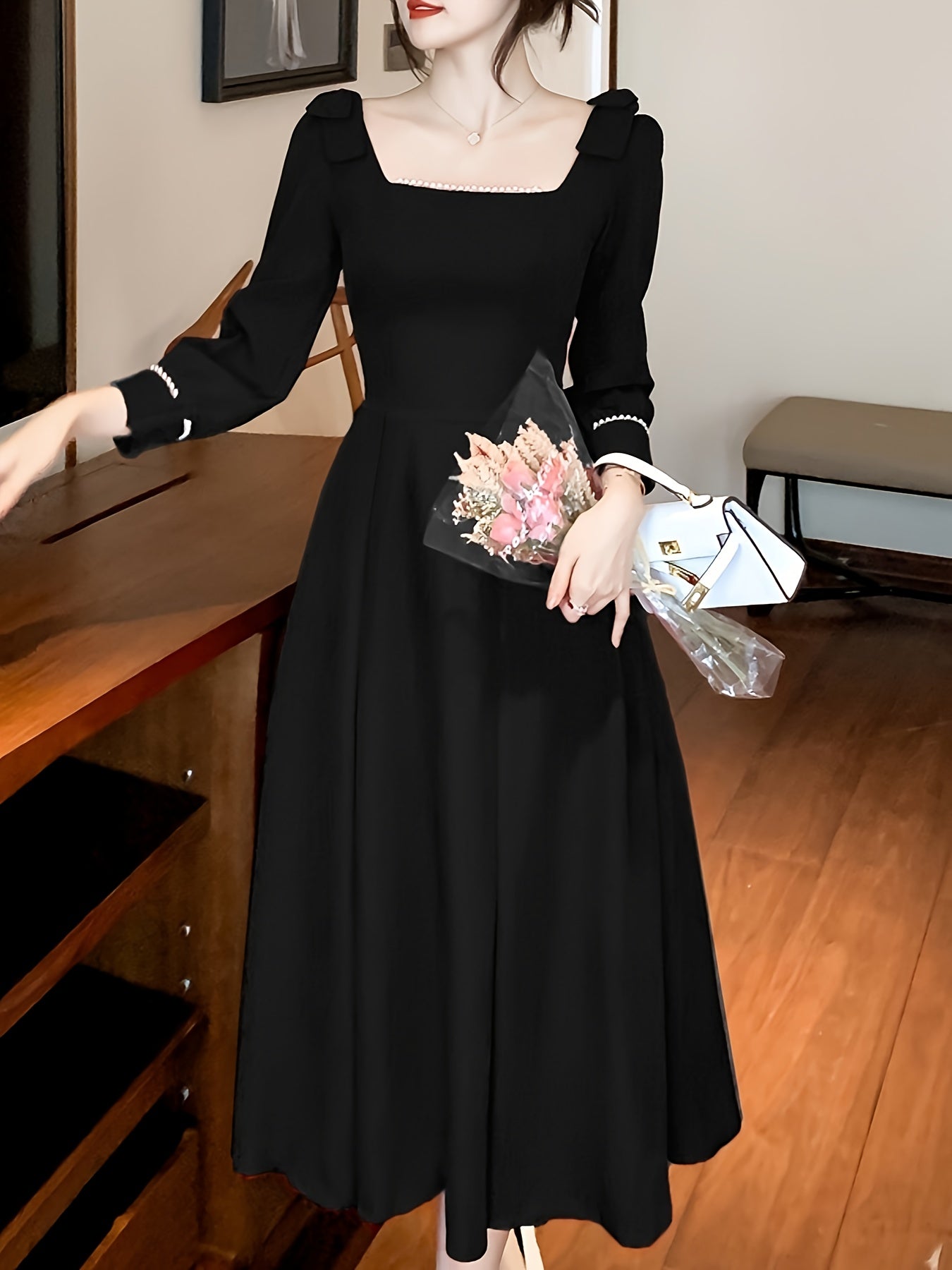 vlovelaw  Beaded Square Neck Dress, Elegant Bow Decor Aline Dress For Wedding Party, Women's Clothing