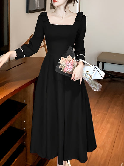 vlovelaw  Beaded Square Neck Dress, Elegant Bow Decor Aline Dress For Wedding Party, Women's Clothing