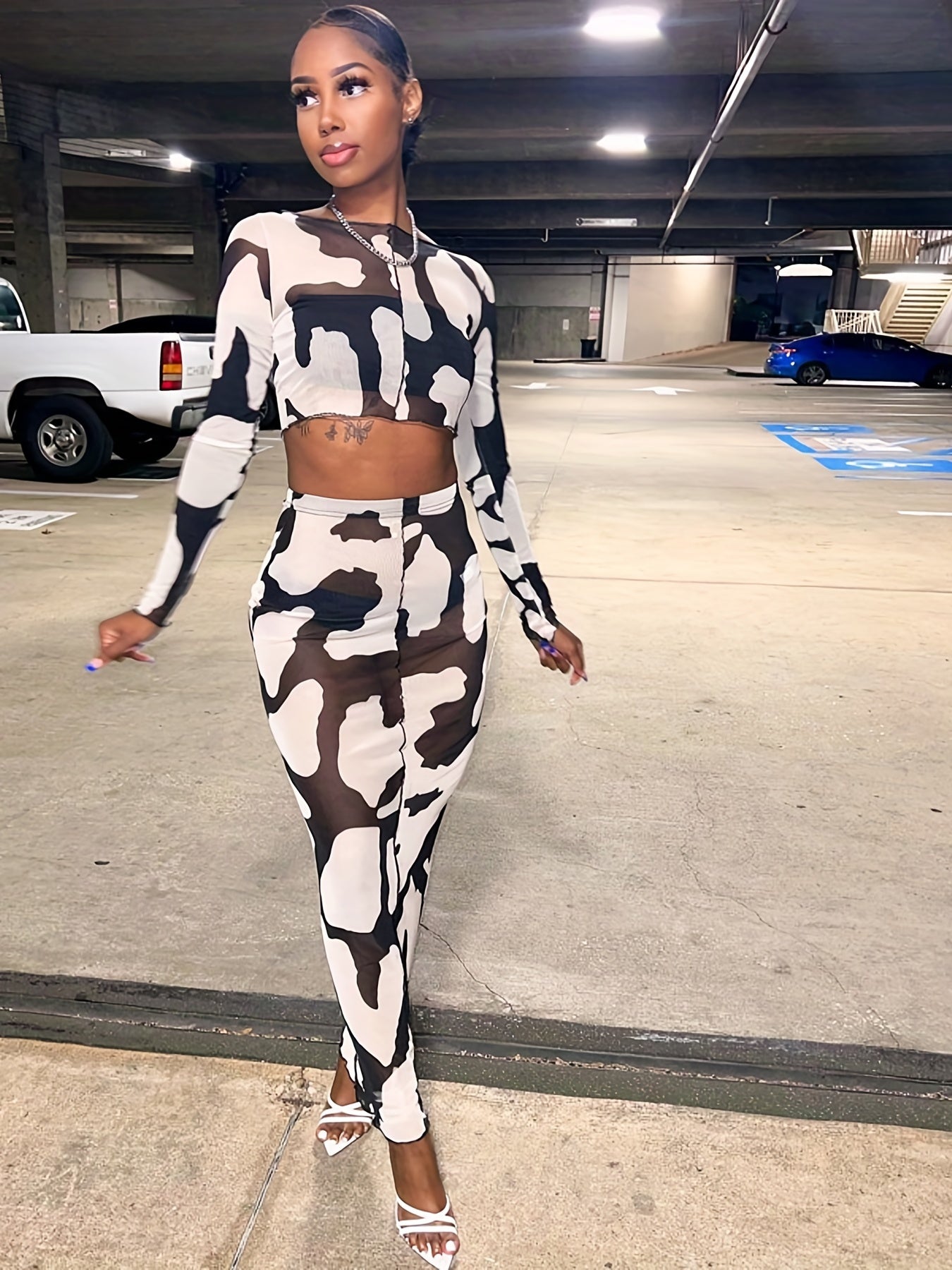 vlovelaw  Allover Print Sheer Two-piece Set, Cropped Long Sleeve Tops & Bag Hip Maxi Skirts Outfits, Women's Clothing