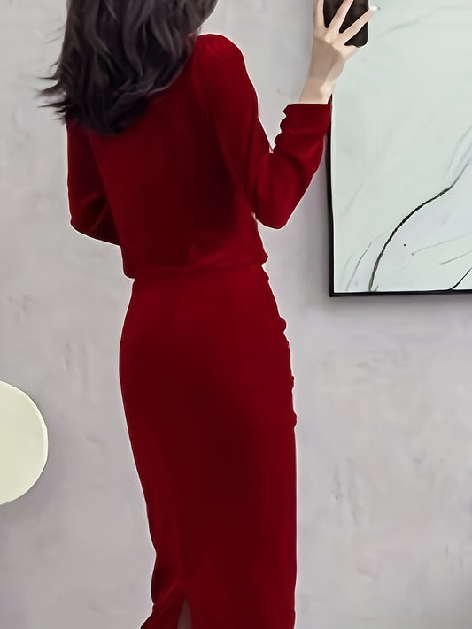 vlovelaw  Solid Bodycon Two-piece Set, Button Front Long Sleeve Tops & High Waist Midi Skirts Outfits, Women's Clothing