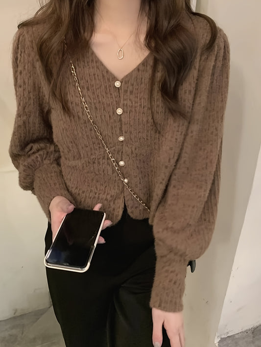 vlovelaw Solid V-neck Button Up Top, Lantern Long Sleeve Vintage Top For Spring & Fall, Women's Clothing