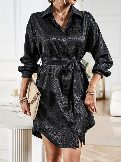 Leopard Pattern Polo Collar Belted Dress, Casual Button Front Long Sleeve Dress, Women's Clothing