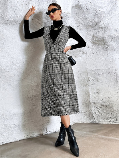 vlovelaw Plaid Print Raw Trim Overall Dress, Sleeveless V-neck Elegant Dress, Women's Clothing