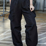 vlovelaw Plus Size Casual Pants, Women's Plus Solid Elastic Drawstring High Rise Loose Parachute Cargo Pants With Pockets